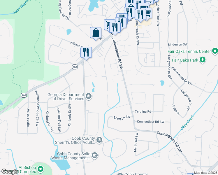 map of restaurants, bars, coffee shops, grocery stores, and more near 1414 Westward Drive Southwest in Marietta
