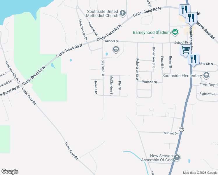 map of restaurants, bars, coffee shops, grocery stores, and more near 2320 Colvin Circle South in Gadsden