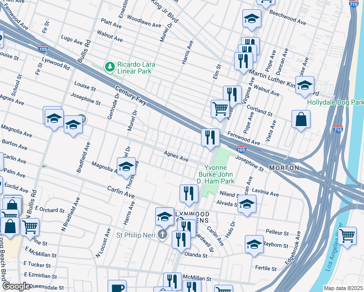 map of restaurants, bars, coffee shops, grocery stores, and more near 11812 3rd Avenue in Lynwood