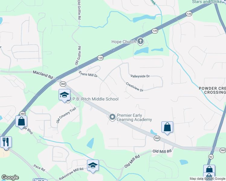 map of restaurants, bars, coffee shops, grocery stores, and more near 423 Evans Mill Drive in Dallas