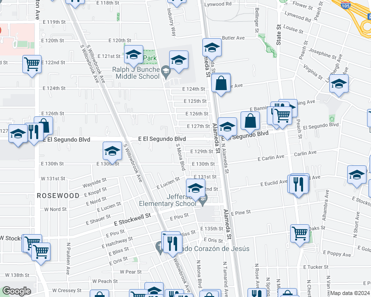 map of restaurants, bars, coffee shops, grocery stores, and more near 2513 East 129th Street in Compton
