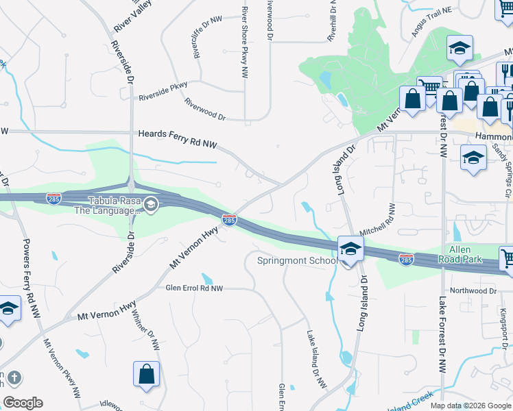 map of restaurants, bars, coffee shops, grocery stores, and more near 358 Mount Vernon Highway in Atlanta