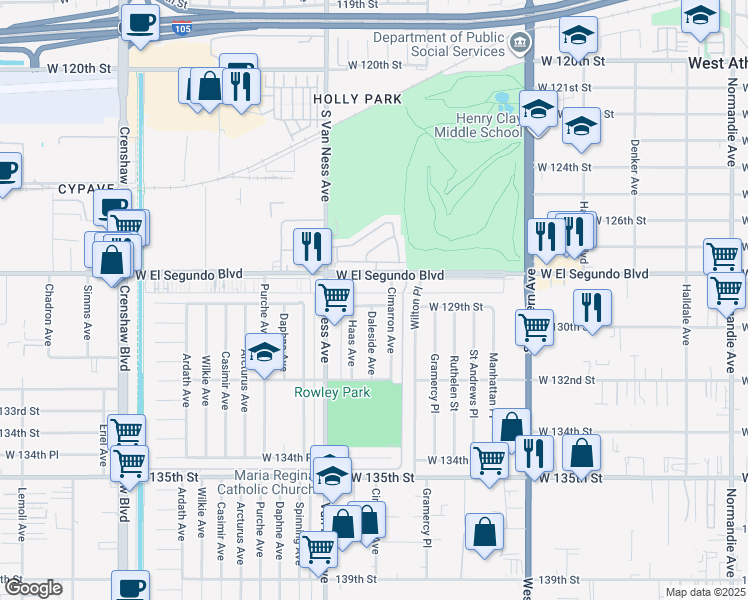 map of restaurants, bars, coffee shops, grocery stores, and more near West 129th Street in Gardena