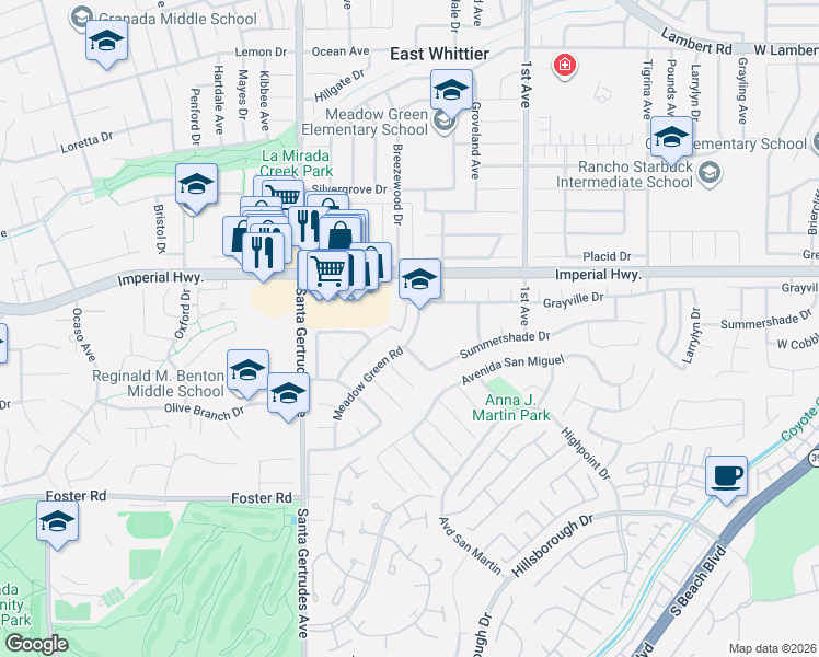 map of restaurants, bars, coffee shops, grocery stores, and more near 12733 Meadow Green Road in La Mirada
