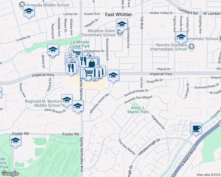 map of restaurants, bars, coffee shops, grocery stores, and more near 12726 Meadow Green Road in La Mirada