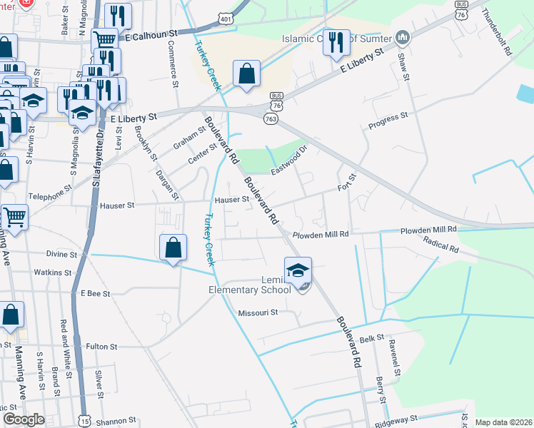 map of restaurants, bars, coffee shops, grocery stores, and more near 412 Boulevard Road in Sumter