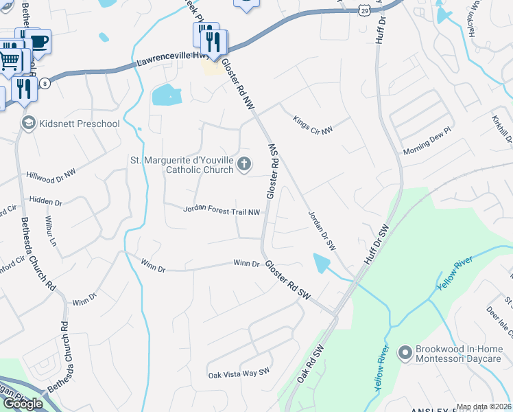 map of restaurants, bars, coffee shops, grocery stores, and more near 2782 Jordan Forest Trail Northwest in Lawrenceville
