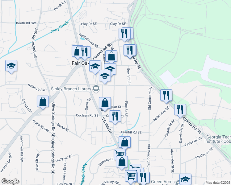 map of restaurants, bars, coffee shops, grocery stores, and more near 1563-A-B Joyner Avenue Southeast in Marietta