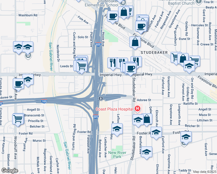 map of restaurants, bars, coffee shops, grocery stores, and more near 12702 Leibacher Avenue in Norwalk