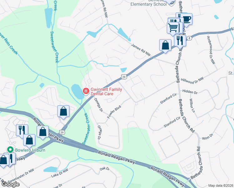 map of restaurants, bars, coffee shops, grocery stores, and more near 3363 Fernview Drive in Lawrenceville