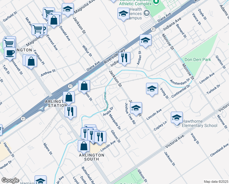 map of restaurants, bars, coffee shops, grocery stores, and more near Madrone Lane in Riverside