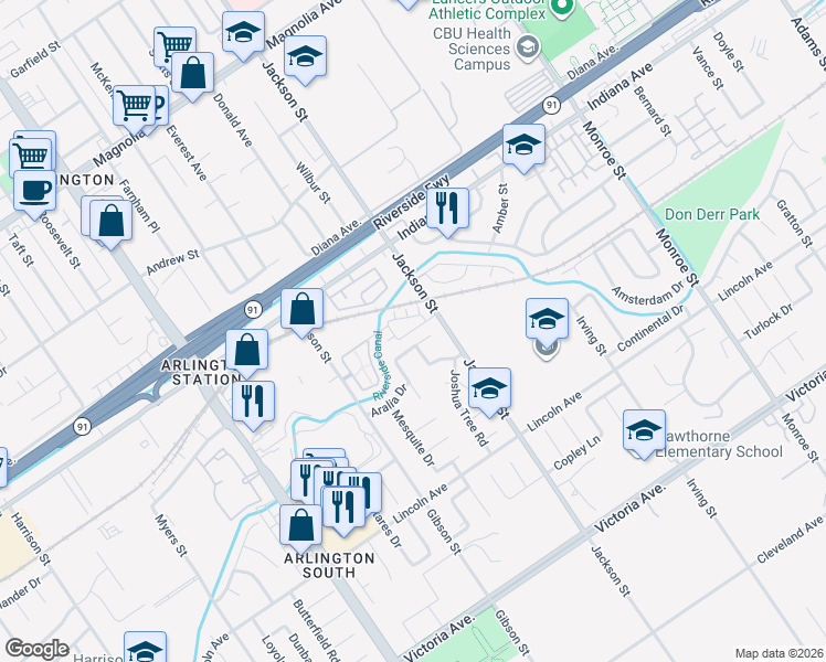 map of restaurants, bars, coffee shops, grocery stores, and more near 9179 Nopal Place in Riverside