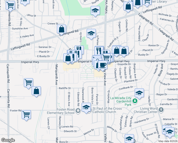 map of restaurants, bars, coffee shops, grocery stores, and more near 14045 Lake Crest Drive in La Mirada