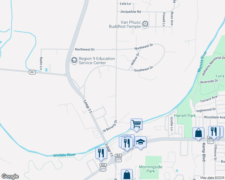 map of restaurants, bars, coffee shops, grocery stores, and more near 227 North Beverly Drive in Wichita Falls