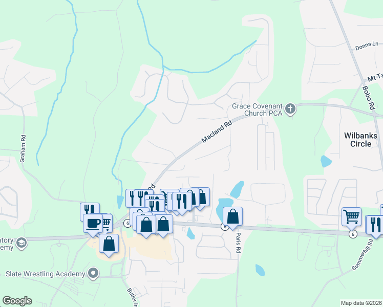 map of restaurants, bars, coffee shops, grocery stores, and more near 92 Fawn Path in Dallas