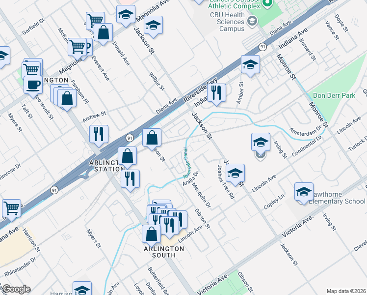 map of restaurants, bars, coffee shops, grocery stores, and more near 9205 Maywood Way in Riverside