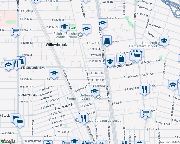 map of restaurants, bars, coffee shops, grocery stores, and more near 2513 East 129th Street in Compton