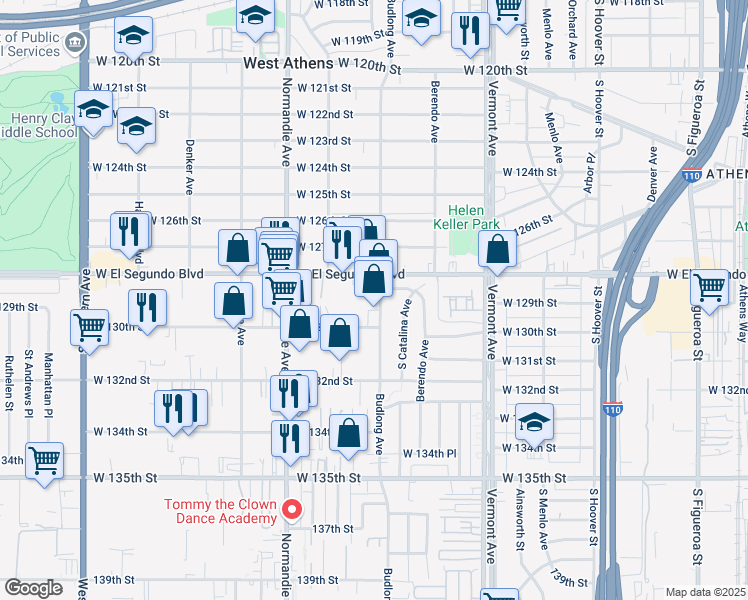 map of restaurants, bars, coffee shops, grocery stores, and more near 12932 Budlong Avenue in Gardena