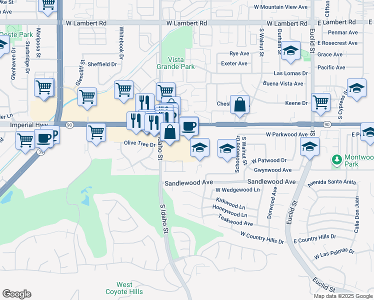 map of restaurants, bars, coffee shops, grocery stores, and more near 1300 South Countrywood in La Habra