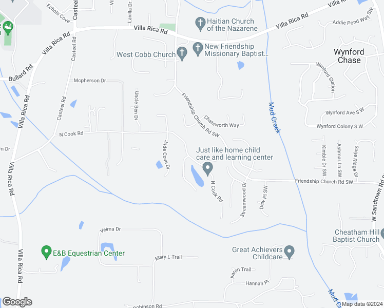 map of restaurants, bars, coffee shops, grocery stores, and more near 3428 North Cook Road in Powder Springs