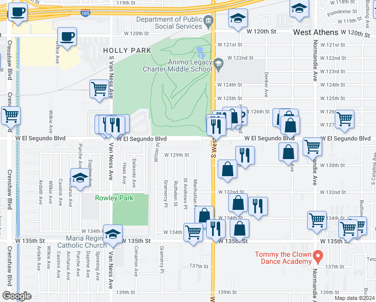 map of restaurants, bars, coffee shops, grocery stores, and more near 1819 West 129th Street in Gardena