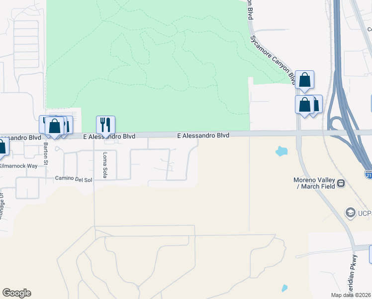 map of restaurants, bars, coffee shops, grocery stores, and more near 14055 Camino Del Oro in Riverside