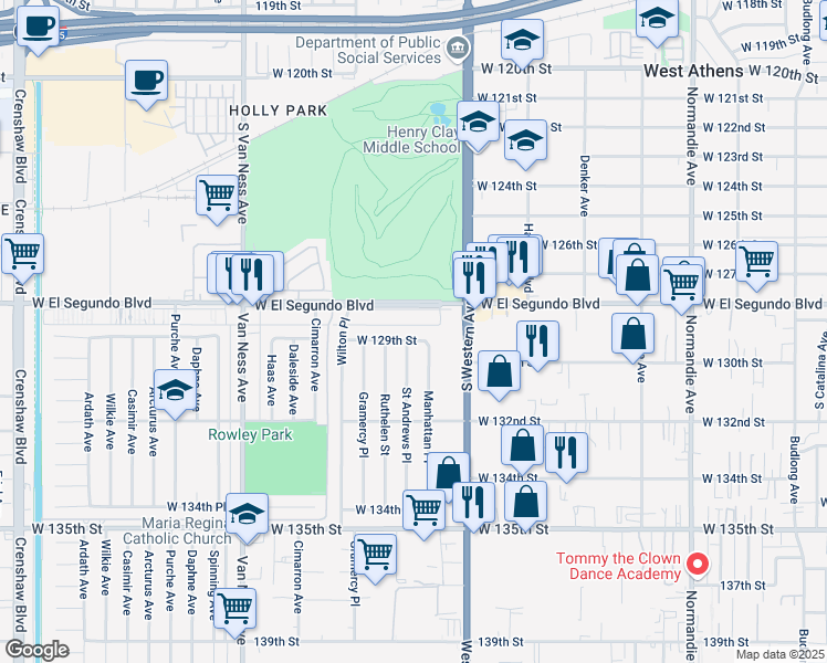 map of restaurants, bars, coffee shops, grocery stores, and more near 1819 West 129th Street in Gardena