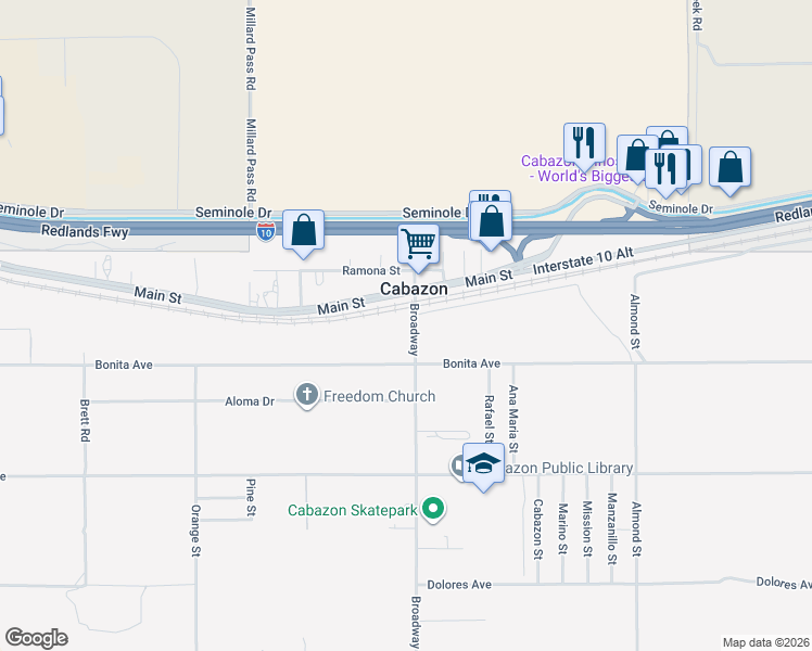 map of restaurants, bars, coffee shops, grocery stores, and more near 14166 Broadway in Cabazon