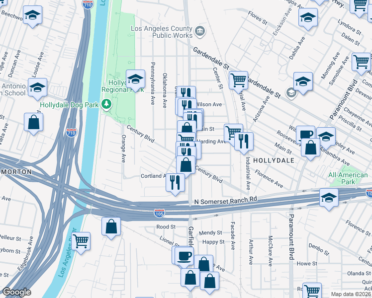 map of restaurants, bars, coffee shops, grocery stores, and more near 6037 Century Boulevard in South Gate