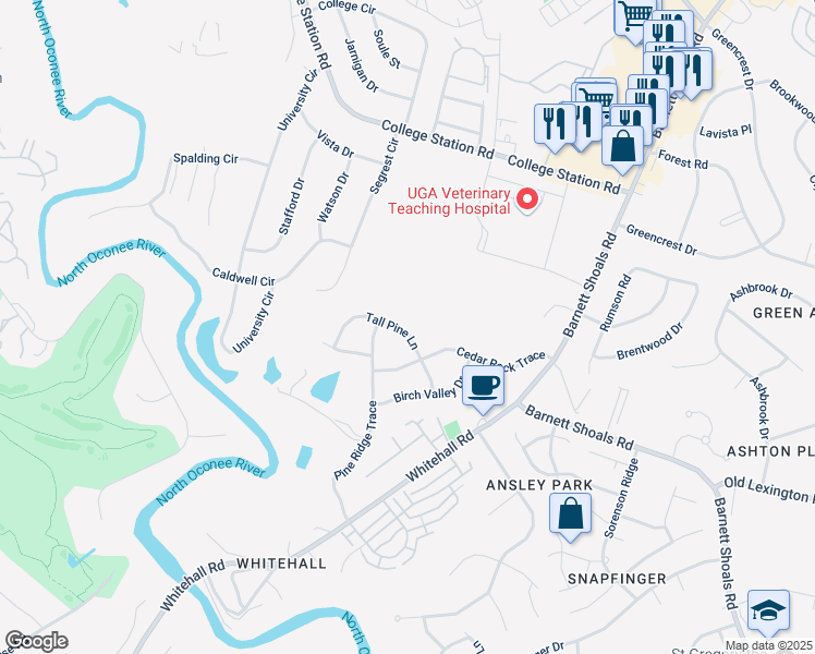 map of restaurants, bars, coffee shops, grocery stores, and more near 172 Tall Pine Lane in Athens