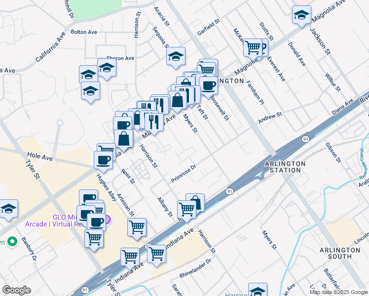 map of restaurants, bars, coffee shops, grocery stores, and more near 9809 Solonia Street in Riverside