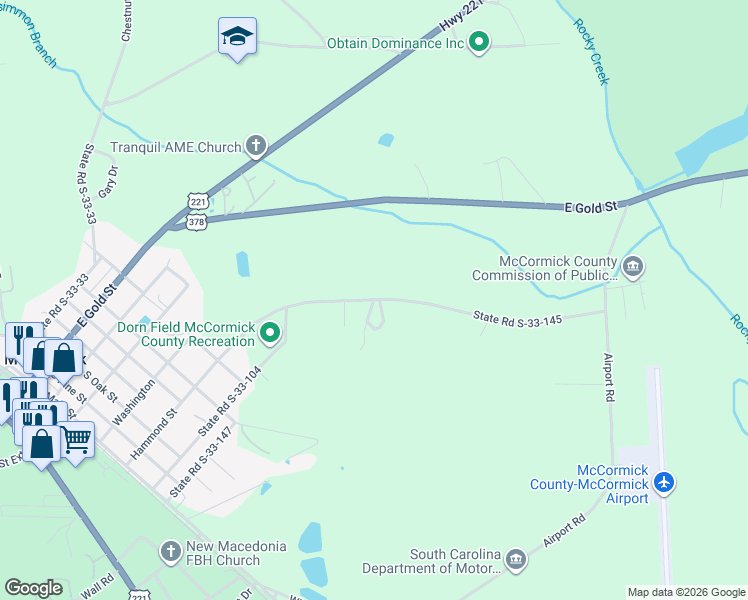 map of restaurants, bars, coffee shops, grocery stores, and more near State Road S-33-145 in McCormick
