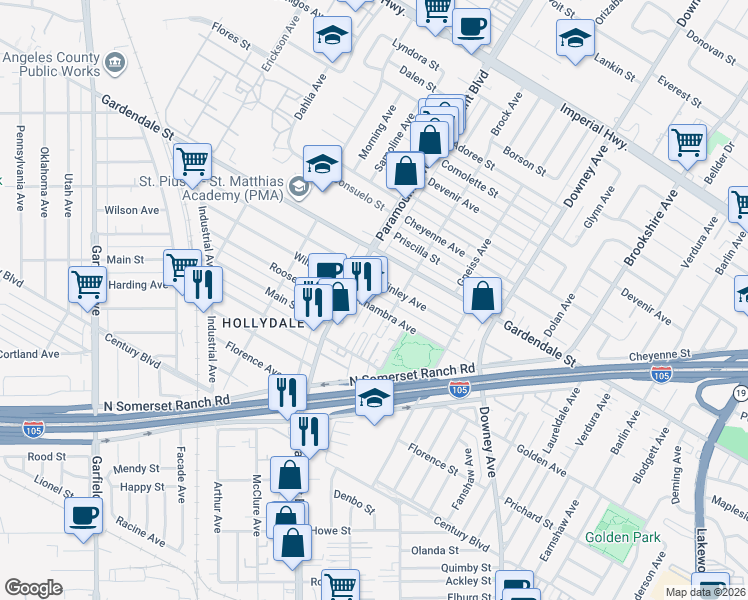 map of restaurants, bars, coffee shops, grocery stores, and more near 8031 Alhambra Avenue in Paramount