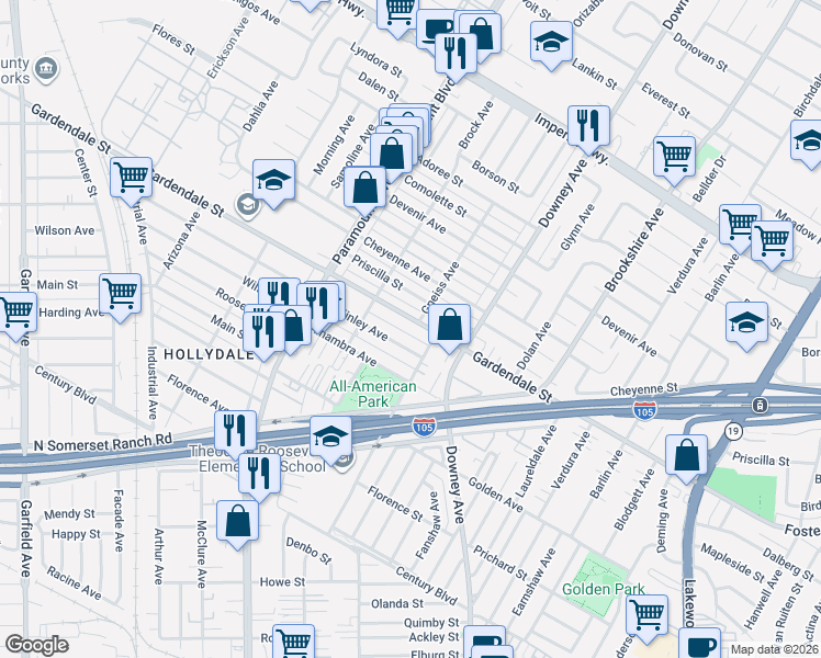 map of restaurants, bars, coffee shops, grocery stores, and more near 8150 Gardendale Street in Paramount