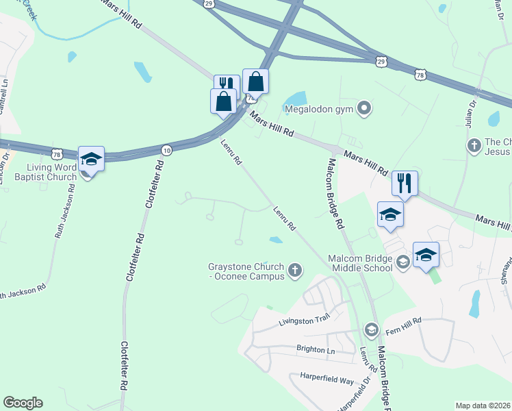 map of restaurants, bars, coffee shops, grocery stores, and more near 1331 Lenru Road in Bogart
