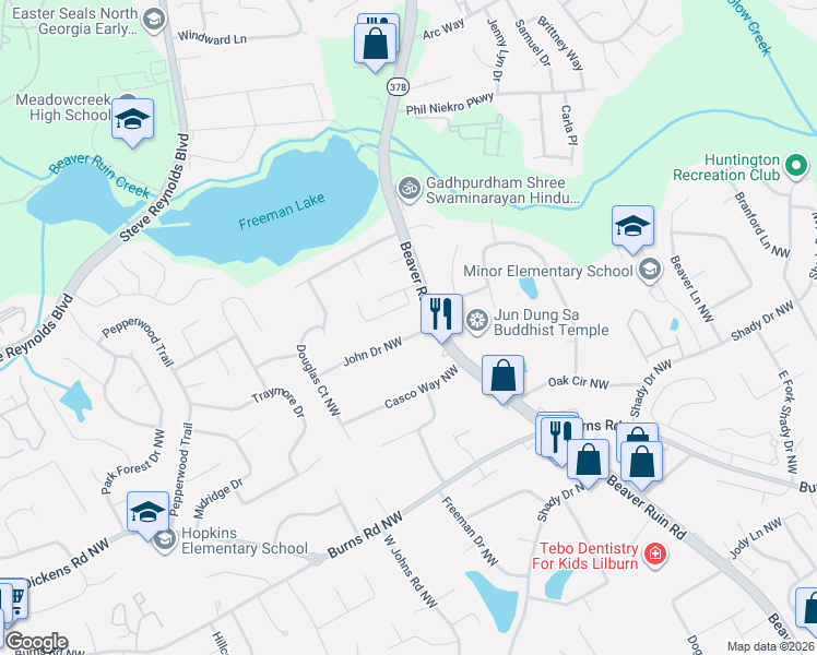 map of restaurants, bars, coffee shops, grocery stores, and more near 4418 John Drive Northwest in Norcross