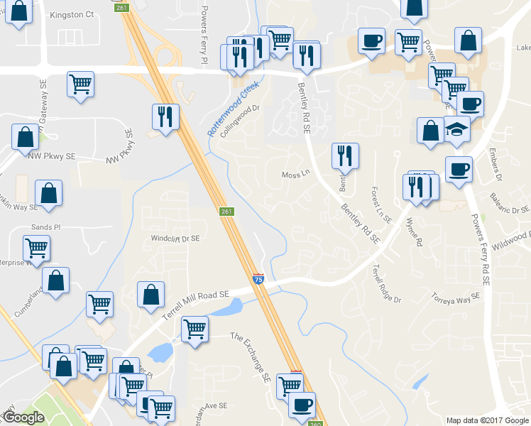 map of restaurants, bars, coffee shops, grocery stores, and more near 2748 Suwanee Way in Marietta