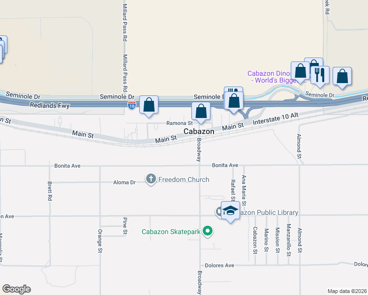 map of restaurants, bars, coffee shops, grocery stores, and more near in Cabazon