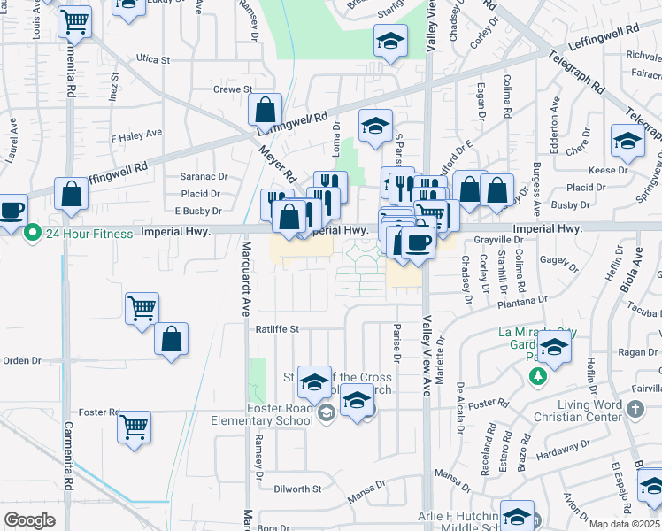 map of restaurants, bars, coffee shops, grocery stores, and more near 14006 Ramhurst Drive in La Mirada