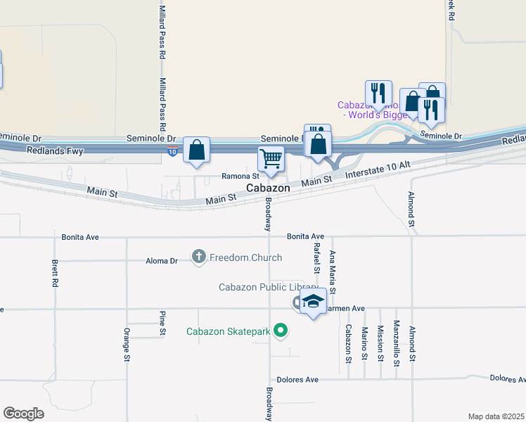 map of restaurants, bars, coffee shops, grocery stores, and more near 14166 Broadway in Cabazon