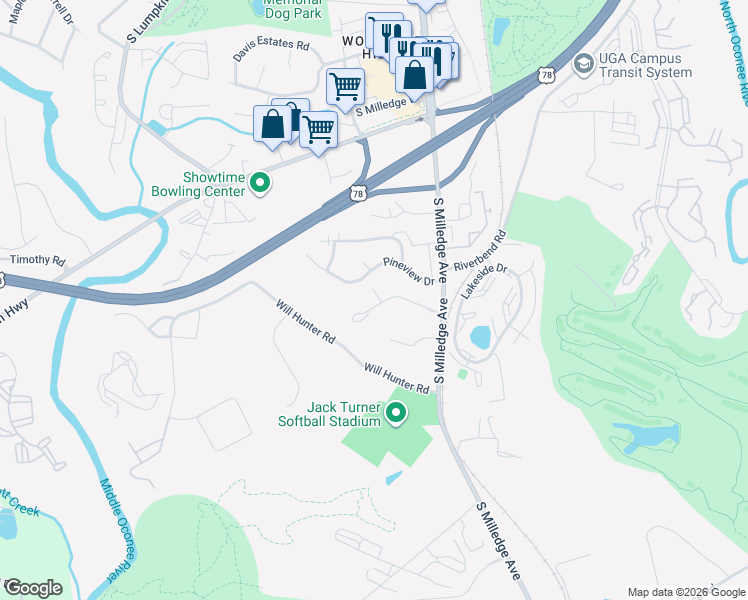 map of restaurants, bars, coffee shops, grocery stores, and more near 575 Venita Drive in Athens