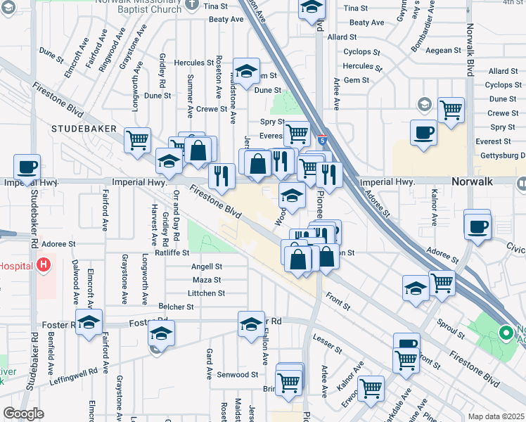 map of restaurants, bars, coffee shops, grocery stores, and more near 11615 Firestone Boulevard in Norwalk