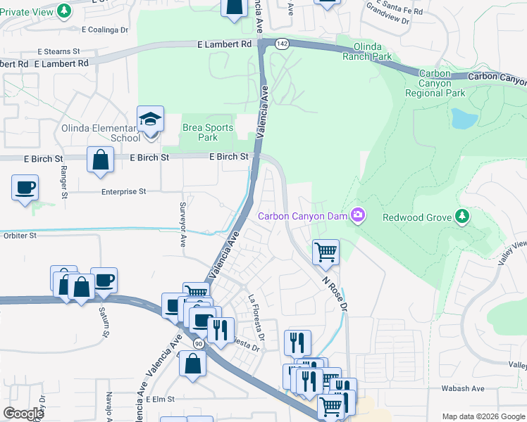 map of restaurants, bars, coffee shops, grocery stores, and more near 3314 Calle del Sol in Brea