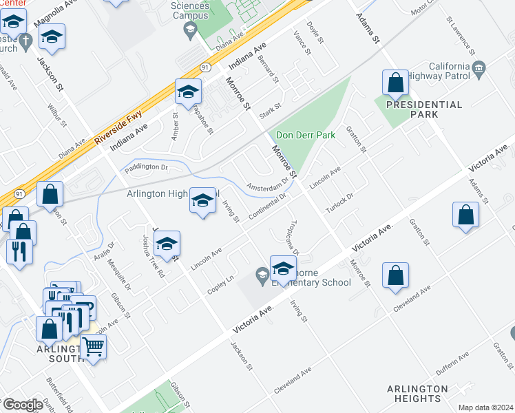 map of restaurants, bars, coffee shops, grocery stores, and more near 8829 Continental Drive in Riverside
