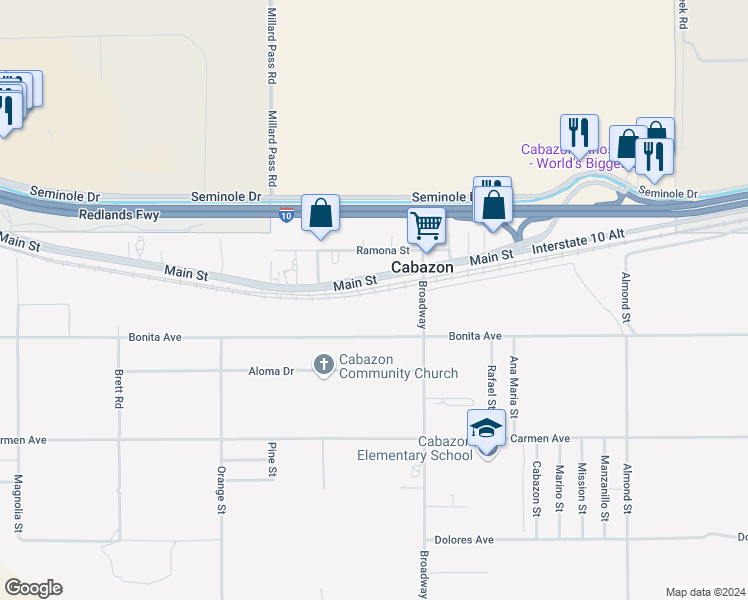 map of restaurants, bars, coffee shops, grocery stores, and more near Faryl Avenue in Cabazon