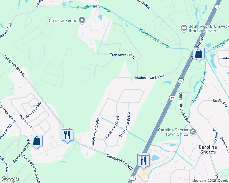 map of restaurants, bars, coffee shops, grocery stores, and more near 206 Ocean Forest Drive Northwest in Calabash