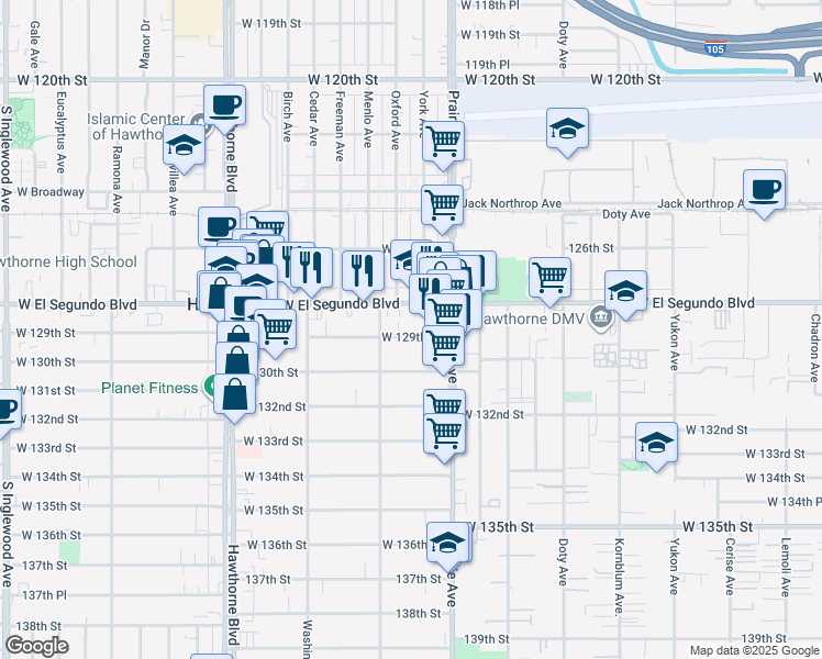 map of restaurants, bars, coffee shops, grocery stores, and more near 4055 West 129th Street in Hawthorne