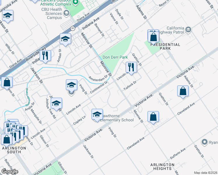 map of restaurants, bars, coffee shops, grocery stores, and more near 2714 Tropicana Drive in Riverside