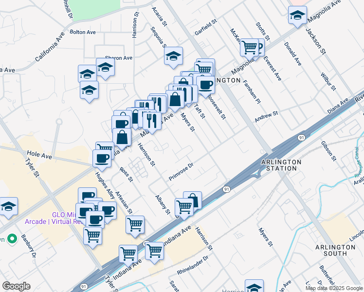 map of restaurants, bars, coffee shops, grocery stores, and more near 9809 Solonia Street in Riverside