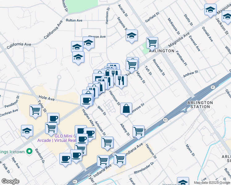 map of restaurants, bars, coffee shops, grocery stores, and more near 3738 Harrison Street in Riverside